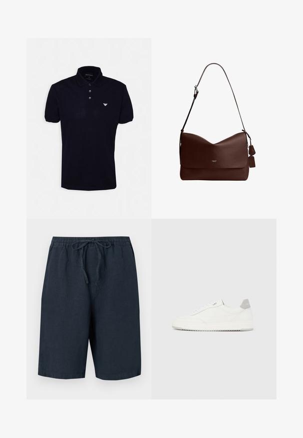 Marineblauw polo shirt van katoenmix, met een kraag, een drieknops sluiting en een geborduurd logo op de linkerkant van de borst.; Donkerblauwe linnen shorts met een elastische tailleband en een verstelbaar koord. Voorzien van zijzakken en een relaxte pasvorm.; Witte lage sneaker met grijze hielpatch, witte veters en een gestructureerde zool, gepresenteerd op een effen lichte achtergrond.; Donkerbruine leren schoudertas met verstelbare riem, voorklep en klein Coach-logo gecentreerd op het voorpaneel.