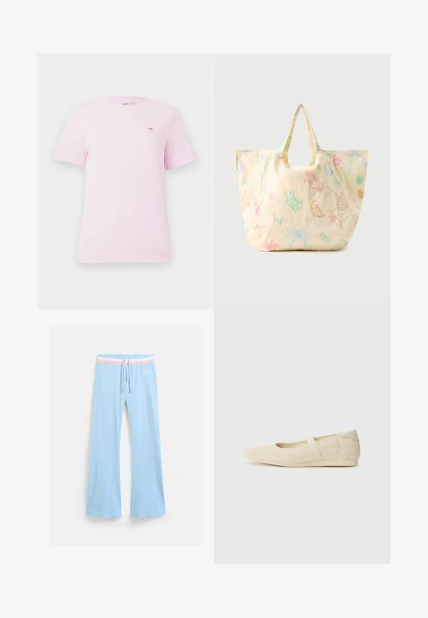 Lyserød t-shirt med korte ærmer lavet af bomuld, der har et lille rundt smiley-ansigt grafisk tryk på venstre bryst. Blød tekstur og standard pasform.; Lyseblå, flagrende sweatpants med snor i taljen. Har en pink og hvid stribet accent samt broderet logo. Blød stoftekstur.; Lysebrune ballet flats med en glat læderoverflade, mandelformet tå og elastisk rem over vristen, med diskrete syninger.; Lysebeige genanvendelig mulepose med farverige havtema- og madtegninger, herunder krabbe, muslinger, jordbær, citronstykke og bånd.
