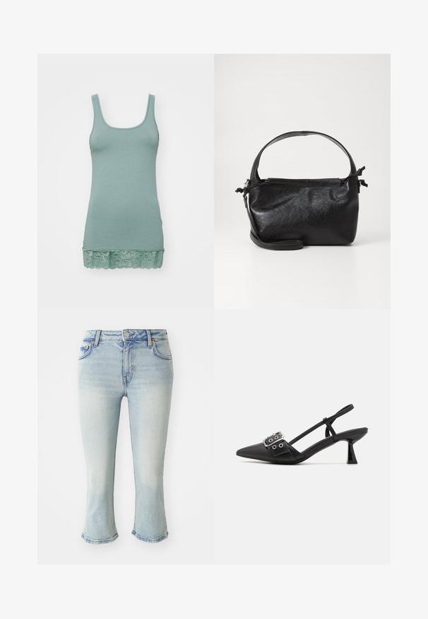 Lys grøn tanktop lavet af blødt stof, med en scoop-udskæring og en blonderibe i kanten. Glat struktur, strækbart design.; Lyst blå denim jeans med en tætsiddende silhuet, flagrende kant og en mellemhøj talje. Subtilt slid og klassisk design med fem lommer.; Simmi London DALA - Pumps - black; Sort læderhåndtaske med et struktureret design, rund tophåndtag og aftagelig skulderrem. Den har en glat tekstur og en subtil glans.