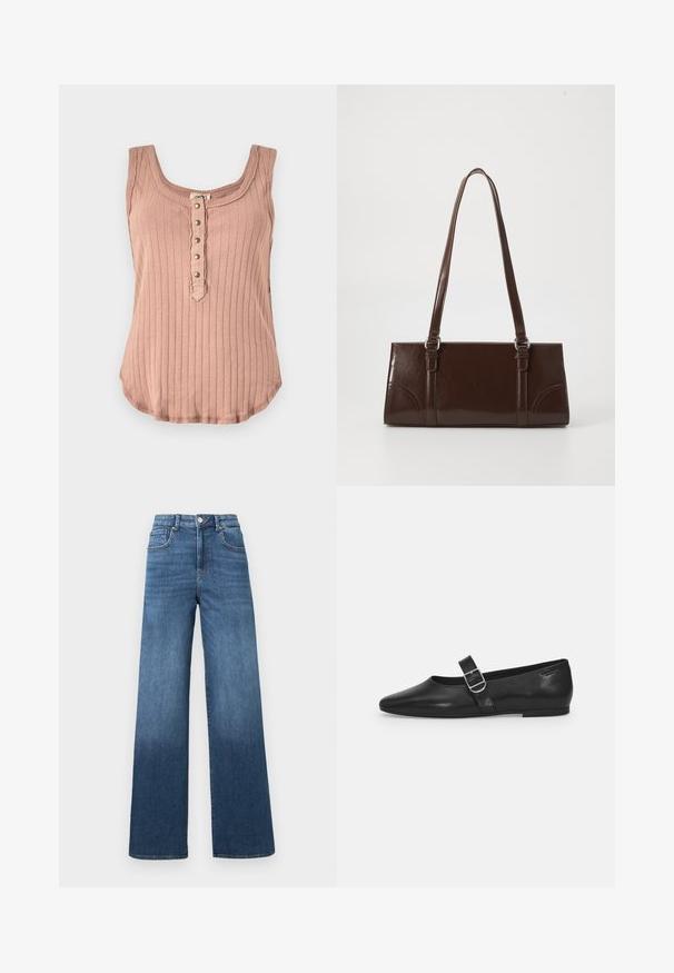Rippenshirt ohne Ärmel in sanftem Rosa, mit rundem Halsausschnitt und einer Knopfleiste mit fünf Metallknöpfen vorne. Weicher Stoff.; Weite Denim-Jeans in Mittelblau mit einem allmählichen Aufhellungseffekt bis zum Saum, ausgestattet mit einem Standardknopf und einem Reißverschluss.; Schwarzer Lederflatschuh mit runder Zehenform, einem verstellbaren Schnallenriemen und einer glatten, glänzenden Oberfläche. Minimalistisches Design mit einem niedrigen Absatz.; Braune Lackleder-Handtasche in rechteckiger Form, mit zwei langen Griffen und subtilen, geschwungenen Akzenten auf der Vorderseite.