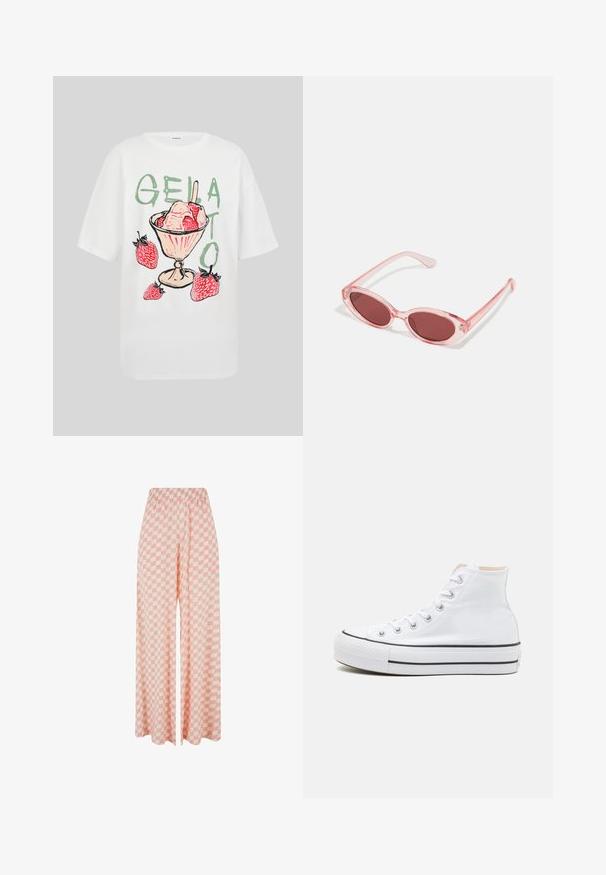 T-shirt blanc avec un gelato fraise rose dans une coupe en verre, entouré de quatre fraises, et le mot "GELATO" en lettres vertes.; Pantalon à jambes larges avec un motif à carreaux rose et blanc et une taille élastique, présenté sur un fond blanc uni.; Baskets montantes blanches en toile, semelle en caoutchouc noir et bande noire contrastante sur la semelle intermédiaire. Bout rond et design à lacets.; Lunettes de soleil transparentes roses avec des verres ovales, teintés d'un rouge foncé, et des branches fines, présentant une finition lisse et des détails subtils sur la monture.