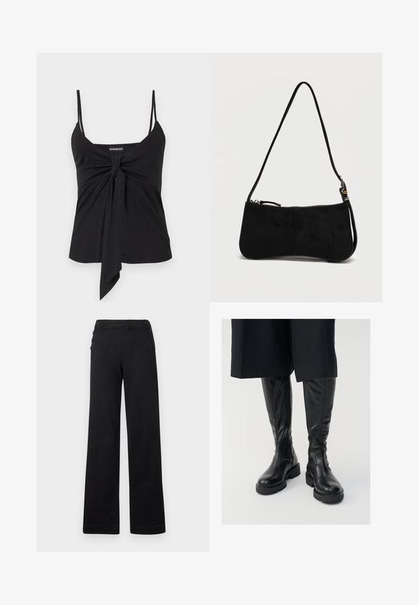 Zwart mouwloos topje met dunne bandjes en een knoopdetail aan de voorkant bij de centrale halslijn, met het label Even&Odd.; Zwarte wijde broek met hoge taille, knoopaccenten aan de zijkanten en een gladden denim textuur met een nette afwerking.; Zwarte leren kniehoge laarzen met een soepele textuur, dikke zolen en zijritsen. Het ontwerp heeft subtiele naaddetails.; Zwarte suède schoudertas met ritssluiting en een dun verstelbaar bandje tegen een effen witte achtergrond.