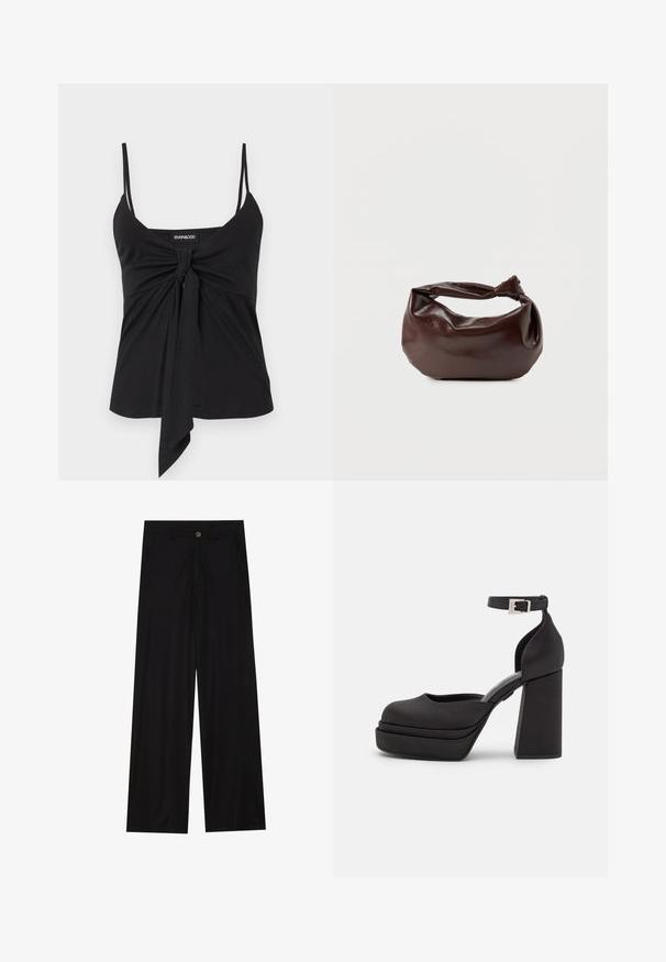 Haut noir sans manches avec fines bretelles et détail de nœud noué à l'avant au centre de l'encolure, étiquette Even&Odd.; Pantalons noirs à jambes larges en tissu lisse, avec poches avant et fermeture à bouton à la taille. Design minimaliste sans motifs.; Des escarpins noirs à plateforme avec un bout rond, en tissu mat, un talon bloc haut, une sangle ajustable à la cheville et un subtil détail de couture.; Sac bandoulière en cuir marron foncé avec une forme souple et décontractée et une anse nouée torsadée sur un fond blanc uni.