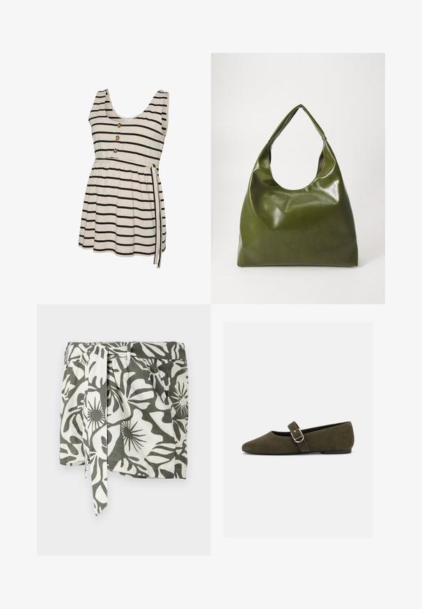 Débardeur rayé crème et noir, avec encolure dégagée, boutons sur le devant, taille froncée et détail de lien sur le côté.; Jupe portefeuille à motif floral vert et blanc avec une ceinture à nouer, en tissu léger, présentant une coupe décontractée et des plis sur le côté.; Chaussure plate Mary Jane en daim vert olive avec bride à boucle argentée et bout arrondi, présentée sur fond blanc.; Sac hobo en cuir vert au design décontracté, avec une poignée incurvée et une texture lisse. Ne contient aucun matériel ou accent visible.