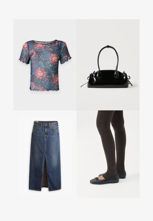 Haut transparent à manches courtes avec un motif coloré de soleil et de lune, présentant des bords festonnés et une coupe ample et décontractée. Fond principalement bleu.; Levi's® Jupe longue - wave hello; Jambes portant des leggings côtelés foncés associés à des ballerines noires avec de petits détails en nœud sur fond blanc.; Petit sac à main noir brillant avec deux longues anses et des détails à cordon sur les côtés sur un fond clair uni.