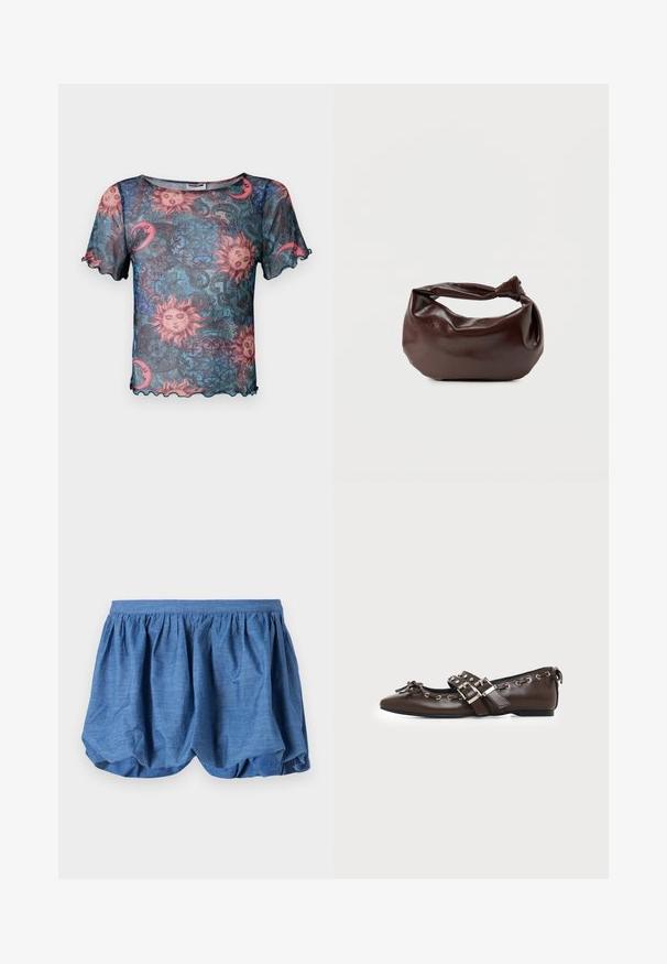 Gennemsigtig kortærmet top med et farverigt sol- og måne mønster, der har bølgede kanter og en løs, afslappet pasform. Baggrunden er overvejende blå.; Blå, letvægts shorts med en samlet elastisk talje og et blødt, tekstureret design. Har en blød stoffinish med en afslappet pasform.; Mørkebrune lædersko med flad sål og spids snude, dobbelt sølvsnørrebånd, metaløjer og dekorativ sløjfe foran.; Mørkebrun læder skuldertaske med en blød, afslappet form og et snoet knudehåndtag på en ensartet hvid baggrund.