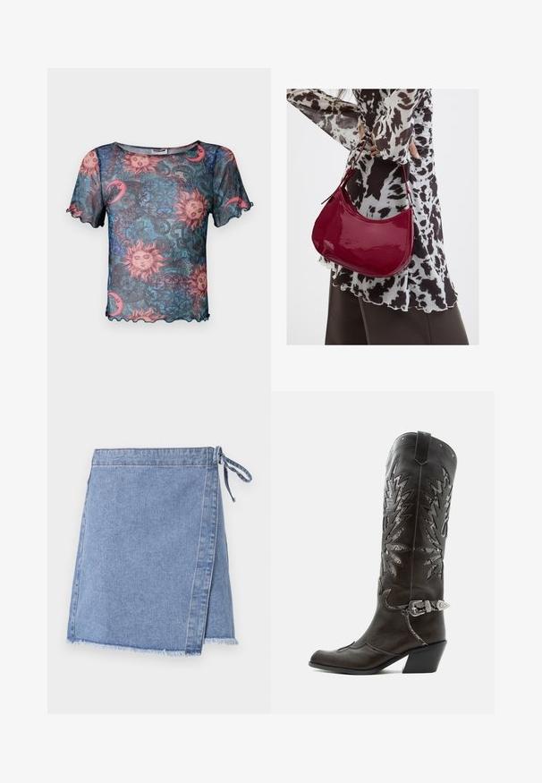 Gennemsigtig kortærmet top med et farverigt sol- og måne mønster, der har bølgede kanter og en løs, afslappet pasform. Baggrunden er overvejende blå.; Lysblå denim omslagskirt med bundet lukning, frynset kant og lige snit med en svag A-form.; Sort læder cowboystøvle med dekorative udskæringer, sølvspænde og skrå hæl, vist på hvid baggrund.; Kvinde iført en sort- og hvidmønstret bluse, der holder en blank rød skuldertaske mod en ensfarvet baggrund.