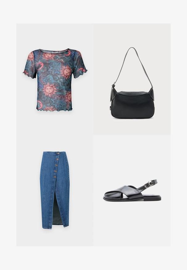Doorzichtige top met korte mouwen en een kleurrijk zon- en maanpatroon, met scalloped randen en een losse, ontspannen pasvorm. Voornamelijk blauwe achtergrond.; Denim kokerrok in mediumblauw met een voornaad, voorzien van zes bronzen knopen langs de zijnaad. Soepele textuur en een aansluitend ontwerp.; Zwarte leren sandalen met gekruiste banden en een open teen. Voorzien van een slingback met een verstelbare gesp en een platte rubberen zool.; Zwarte leren schoudertas met een glad oppervlak, afgeronde vorm en een dunne band. Voorzien van een ritssluiting en minimale metalen accenten.