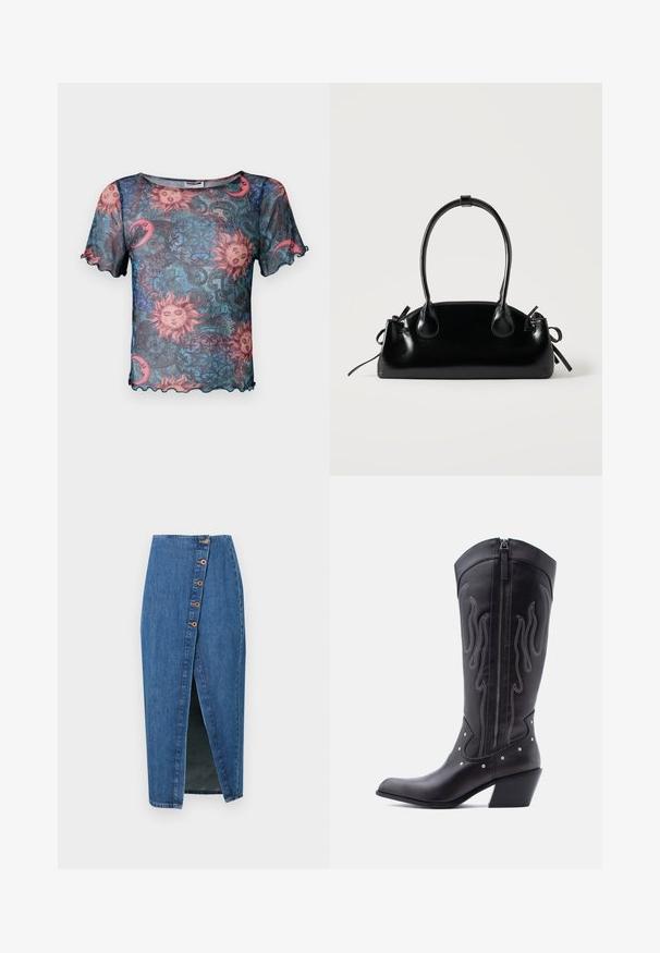 Transparente Bluse mit kurzen Ärmeln, versehen mit einem bunten Sonnen- und Mondmuster. Sie hat gewellte Kanten und einen lockeren, entspannten Schnitt. Der Hintergrund ist überwiegend blau.; Denim-Bleistiftrock in Mittelblau mit einem Schlitz vorne, ausgestattet mit sechs braunen Knopf-Akzenten entlang der Seitennaht. Glatte Textur und taillierte Passform.; Schwarze Cowboy-Stiefel aus Leder mit spitzer Zehenpartie, sichtbarer Nahtführung, silbernen Nietenakzenten und Reißverschluss auf der Innenseite.; Kleine schwarze glänzende Handtasche mit zwei langen Griffen und seitlichen Kordelzug-Details vor einfachem hellem Hintergrund.