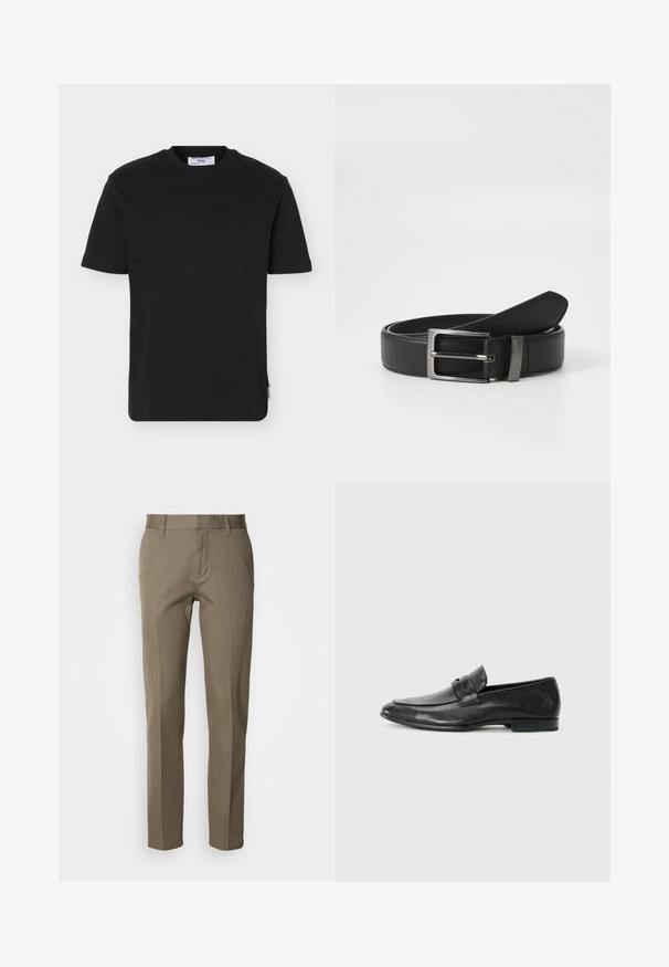 T-shirt noir uni à manches courtes et col rond, avec une petite étiquette de marque sur l'ourlet latéral inférieur.; Pantalon couleur sable en tissu lisse, avec une coupe droite, une fermeture éclair à l'avant et des poches minimalistes. Aucun motif ou accent visible.; Mocassins en cuir noir avec un bout arrondi, des détails cousus, une large lanière sur le devant, et un talon bas et plat. Fini lisse.; Ceinture en cuir noir avec une boucle en métal argenté, présentant une finition lisse et un design classique. La ceinture est soigneusement pliée.