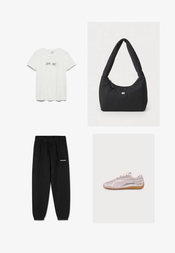 Hvid kortærmet T-shirt med rund halsudskæring og ordet "amore" i sort skrift med et lille guldhjerte i midten.; Sorte sweatpants lavet af blødt stof, med snoretræk i taljen, tætsiddende ben og sidelommer. "PEGADOR" logo i hvid på fronten.; Lyserød Puma-sneaker med hvide snørebånd, metaliske sølv accenter og en brun gummisål, vist i profil på hvid baggrund.; Sort nylon skuldertaske med en buet form, polstret rem og med lynlås på toppen. Har et lille logo-patch foran.