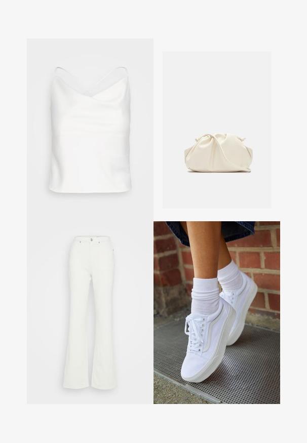 Pieces PCMARI SLIP - Top - bright white; Biele rozšírené džínsy vyrobené z bavlneného denimu, s vysokým pásom, zapínaním na gombík a štyrmi vreckami, s jemnou textúrou.; Biele plátené tenisky s gumovou podrážkou, s piatimi dierkami na šnúrky, okrúhlou špičkou a svetlými švami, doplnené o biele členkové ponožky.; Mäkká krémová kožená kabelka typu clutch so zošitým, nariaseným dizajnom a tenkým ramenným popruhom, ktorý je položený vpredu na jednofarebnom pozadí.