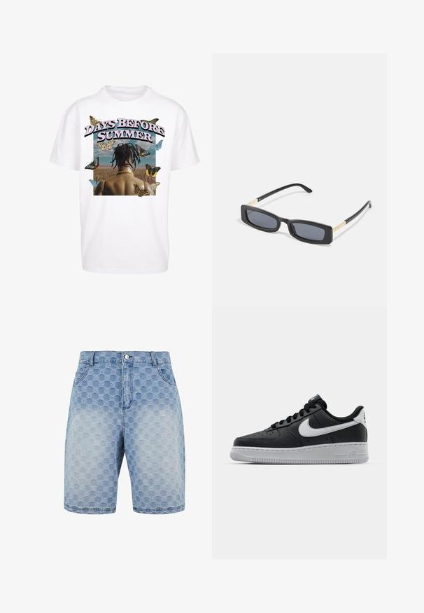 Hvid bomulds t-shirt med et grafisk design, der har teksten "DAYS BEFORE SUMMER", sommerfugle og et kunstnerisk billede af en bagvisning.; Lysblå denimshorts med et struktureret mønster af overlapende cirkler. Har fem lommer og en klassisk lukning med knap og lynlås.; Sort lædersneaker med tekstureret overflade, hvid Nike swoosh, grå sål, rund tå og snørebåndsdesign. Har perforeringer på tåboksen.; Rektangulære sorte solbriller med mørke linser. Slanke, flade arme har en guldfarvet detalje. Glat plastisk ramme med mat finish.