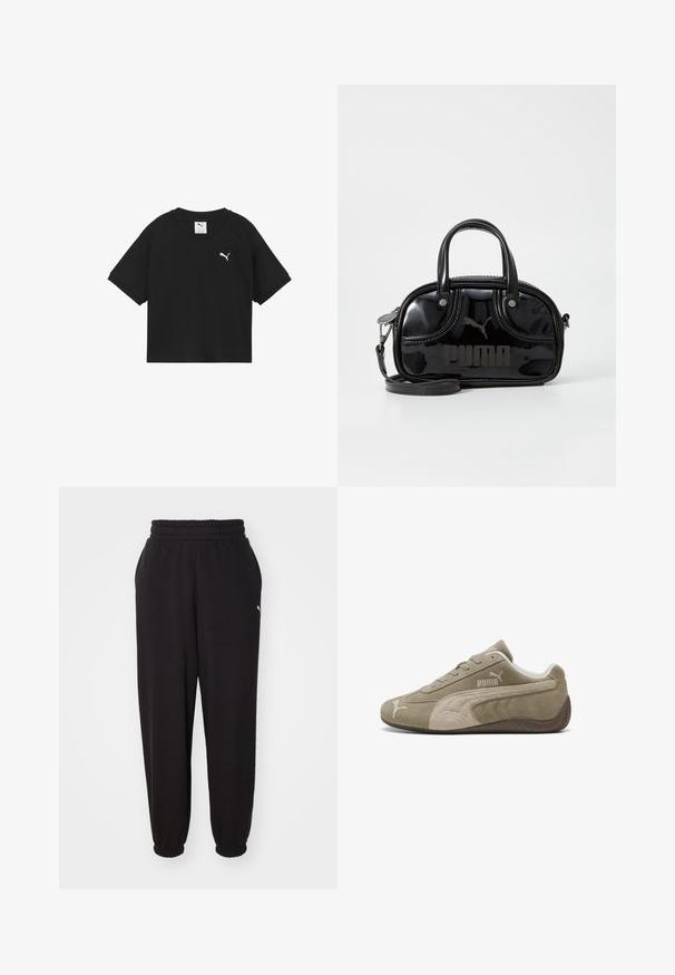 Sort kortærmet V-udskæring Puma T-shirt med hvidt Puma-logo på venstre bryst og en synlig mærkat inde i halsudskæringen.; Sorte sweatpants lavet af blødt stof, med en ribbet talje og mansjetter ved anklerne. Indeholder en lille logoaccent på siden.; Suedesneakers i lysebrun med mørkere accenter, med et lavprofil design, snørebåndslukning og et mærke logo på siden.; Sort lakeret håndtaske med dobbelte top-håndtag, aftagelig skulderrem, rund form og et fremtrædende præget "PUMA"-logo.