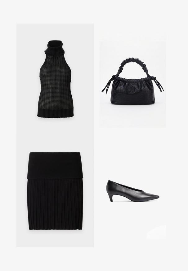 Sort ærmeløs turtleneck-top med et tekstureret rutenetmønster og ribbede kanter. Fremstillet af et let materiale med en tætsiddende pasform.; Sort plisseret nederdel med en tyk, ribbet talje. Lavet af blødt stof, med lodrette plisseringer og en lige kant forneden.; Sorte læder lavhælede pumps med spids tå-design. Glat tekstur og slank silhuet, med en bøjet hæl for stabilitet.; Sort taske med krokodilletekstur, rynket øverste kant, samlet hank og snore med kvaster på hver side mod en hvid baggrund.