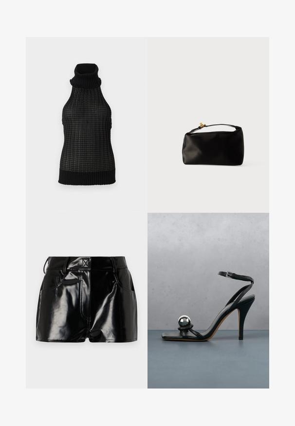 Top negro sin mangas con cuello alto que presenta un patrón de cuadrícula texturizado y bordes acanalados. Fabricado con un material ligero y de diseño ajustado.; Shorts negros y brillantes de material sintético. Presentan una cintura ajustada, trabillas para el cinturón y bolsillos frontales con detalles de costura prominentes.; Sandalia negra de tacón alto con correa en el tobillo y bola decorativa metálica plateada sobre superficie de madera con baldosas al aire libre con fondo desenfocado de vegetación y pared.; Bolsa de terciopelo negro con forma redondeada, un asa superior y un cierre de acento dorado. Textura suave con un diseño minimalista.
