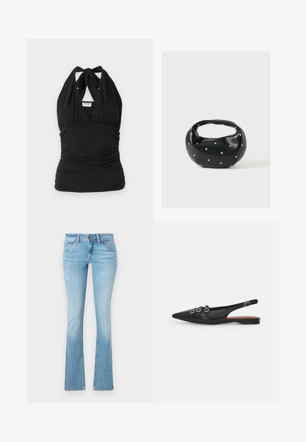 Noisy May NMBELLA HALTERNECK - Top - black; Lystblå denimflarebukser med let falmning, slidte knædetaljer, fem-lomme design og knaplukning i taljen.; Sort læderslyngeflad sko med spids tå, der har to vandrette stropper og firkantede sølvspænder, lav hæl og glat tekstur.; Sort læderhåndtaske med en rundet form, dekoreret med sølvnitter, og et kort håndtag. Glat tekstur og lynlåslukning.