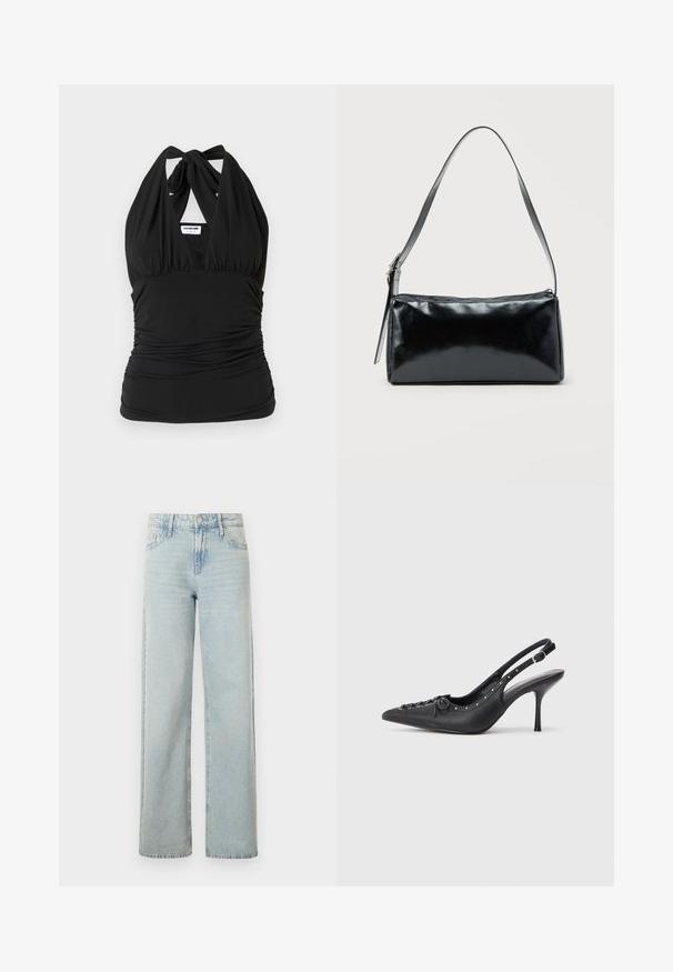 Noisy May NMBELLA HALTERNECK - Top - black; Jeans de tiro alto en lavado claro con un corte recto. Fabricados en denim, presentan un diseño clásico de cinco bolsillos y un desvanecimiento sutil.; Sandal de tacón stiletto negro de cuero con punta afilada, correa lateral con hebilla, tachuelas a lo largo del borde y cordones decorativos en la parte delantera.; Bolso de hombro rectangular negro con una correa ajustable y un cierre de cremallera superior sobre un fondo liso.