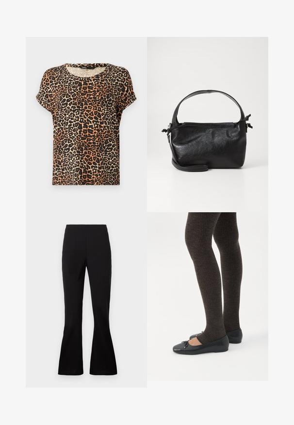 T-shirt med kortærmer i leopardmønster i nuancer af orange, sort og creme. Rund halsudskæring og blød stofstruktur.; Sorte flare-bukser lavet af et glat stof. Har en høj talje og en tætsiddende silhuet, der bredder sig ved kanten.; Ben iført mørke ribbede leggings kombineret med sorte balletsko med små sløjfedetaljer på hvid baggrund.; Sort læderhåndtaske med et struktureret design, rund tophåndtag og aftagelig skulderrem. Den har en glat tekstur og en subtil glans.