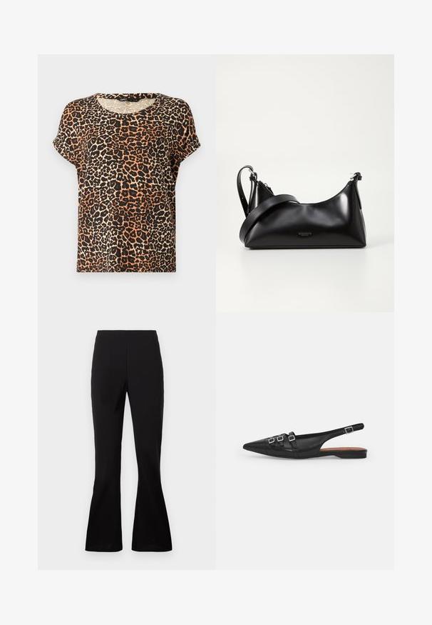 T-shirt med kortærmer i leopardmønster i nuancer af orange, sort og creme. Rund halsudskæring og blød stofstruktur.; Sorte flare-bukser lavet af et glat stof. Har en høj talje og en tætsiddende silhuet, der bredder sig ved kanten.; Sort læderslyngeflad sko med spids tå, der har to vandrette stropper og firkantede sølvspænder, lav hæl og glat tekstur.; Sort læderhåndtaske med en glat tekstur. Har en justerbar stropp og et enkelt, minimalistisk design med lynlås.