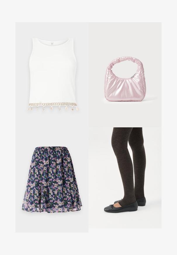 Witte mouwloze crop top met een geribde textuur, voorzien van een decoratieve rand met schelpen en sterrenschelpen aan de onderrand.; Bloemrok met een elastische band. Heeft een donker marineblauwe achtergrond met roze, witte en groene bloemenpatronen. Vloeiende, lichtgewicht stof.; Benen met donkere geribbelde leggings gecombineerd met zwarte ballerina's met kleine strikdetails op een witte achtergrond.; Roze, gevoerde handtas met een afgeronde vorm, gemaakt van glanzend materiaal. Beschikt over een geplooide handgreep en een ritssluiting voor veilige toegang.