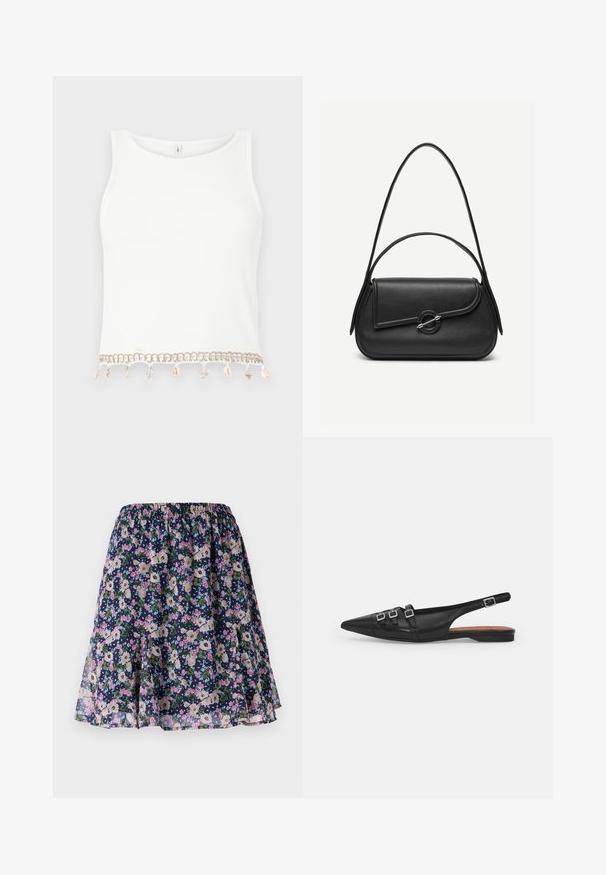 Weißes ärmelloses Crop-Top mit gerippter Textur, das am Saum mit dekorativen Verzierungen aus Muscheln und Seesternen versehen ist.; Blumenrock mit elastischem Taillenbund. Verfügt über einen dunkelblauen Hintergrund mit rosa, weißen und grünen Blumenmustern. Fließender, leichter Stoff.; Schwarze Leder-Slingback-Ballerina mit spitzem Zeh, ausgestattet mit zwei horizontalen Riemen und quadratischen silbernen Schnallen, mit flachem Absatz und glatter Oberfläche.; Schwarze Lederhandtasche mit abgerundeten Kanten, asymmetrischem Überschlag, metallfarbenem runden Verschluss und kurzen sowie langen Schulterriemen.
