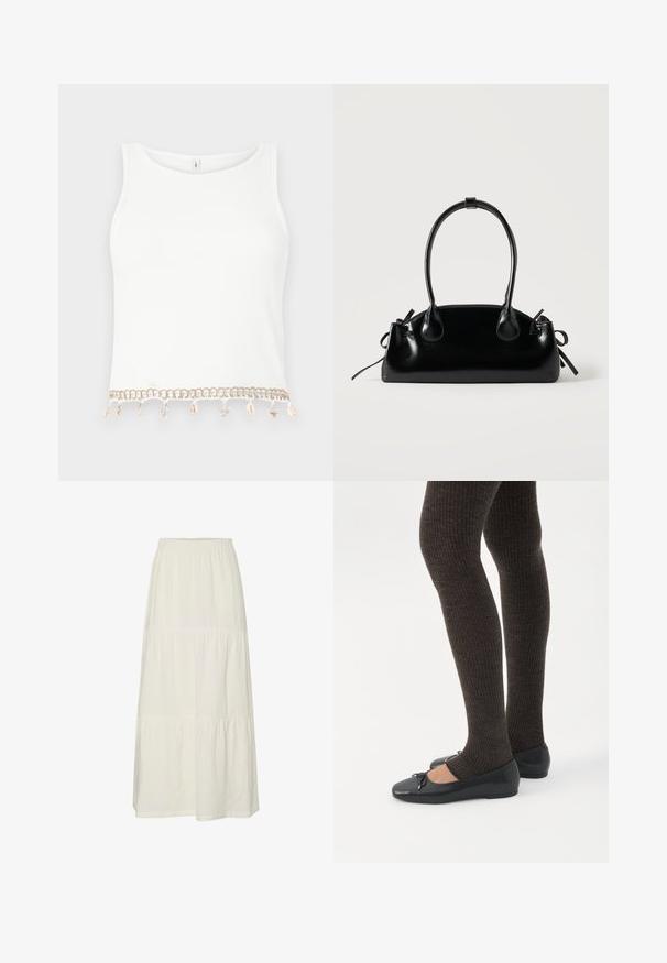 Hvid ærmeløs crop top med ribbet struktur, der har en dekorativ kant med muslingeskaller og søstjerner ved nederkanten.; Hvid, lagdelt maxiskørt lavet af let, struktureret stof med elastisk talje. Har tre forskellige stofsektioner.; Ben iført mørke ribbede leggings kombineret med sorte balletsko med små sløjfedetaljer på hvid baggrund.; Lille sort blank håndtaske med to lange håndtag og snøre-detaljer i siden på en ensfarvet lys baggrund.