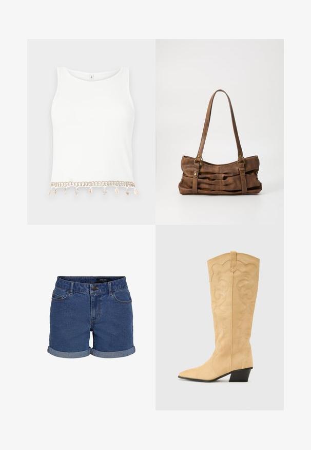 Top corto sin mangas de color blanco con textura acanalada, que presenta un borde decorativo con conchas y estrellas de mar en el dobladillo.; Shorts de denim en azul oscuro con un corte clásico. Presenta dobladillos enrollados, dos bolsillos frontales y un cierre de botón. Textura suave.; RAID VAANYA - Botas camperas - nude; Even&Odd by Zalando Bolso de mano - brown