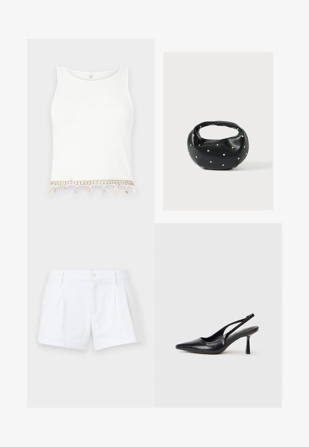 Weißes ärmelloses Crop-Top mit gerippter Textur, das am Saum mit dekorativen Verzierungen aus Muscheln und Seesternen versehen ist.; Weiße Leinen-Shorts mit Falten, Knopfverschluss und Seitentaschen. Besitzt einen taillierten Schnitt und eine glatte Textur.; Schwarzer Leder Slingback High Heel Schuh mit spitzer Zehenpartie und schmalem Absatz auf einem weißen Hintergrund.; Schwarze Lederhandtasche mit abgerundeter Form, verziert mit silbernen Nietenakzenten und kurzem Griff. Glatte Struktur und Reißverschlussverschluss.
