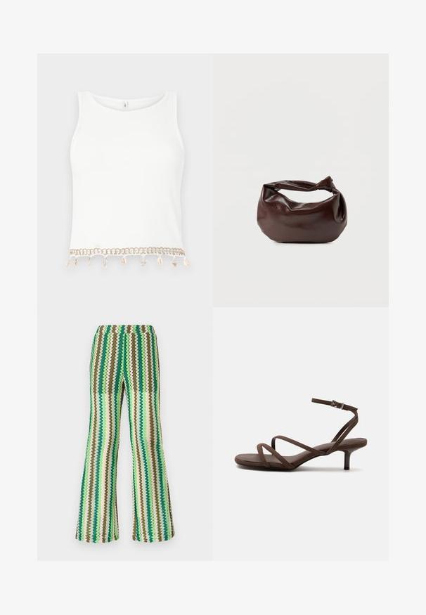 Hvid ærmeløs crop top med ribbet struktur, der har en dekorativ kant med muslingeskaller og søstjerner ved nederkanten.; Strikkede flared bukser med zigzag-mønster i nuancer af grøn, brun og creme; strækbart taljebånd; struktureret overflade.; Brun højhælet sandal med tynde krydsede stropper og en ankelrem med en sølvspænde på en hvid baggrund.; Mørkebrun læder skuldertaske med en blød, afslappet form og et snoet knudehåndtag på en ensartet hvid baggrund.