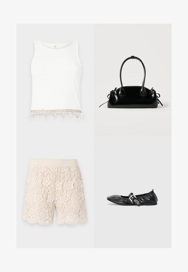 Top court sans manches blanc avec une texture côtelée, présentant une bordure décorative avec des coquillages et des étoiles de mer à l'ourlet.; Shorts en dentelle couleur blanc cassé avec des motifs floraux, ourlet festonné et taille élastique, présentant des détails intriqués sur l'ensemble du tissu.; Chaussure plate en cuir noir avec un nez pointu, des détails froncés autour de l'ouverture et un accent en boucle argentée sur la bride ajustable.; Petit sac à main noir brillant avec deux longues anses et des détails à cordon sur les côtés sur un fond clair uni.