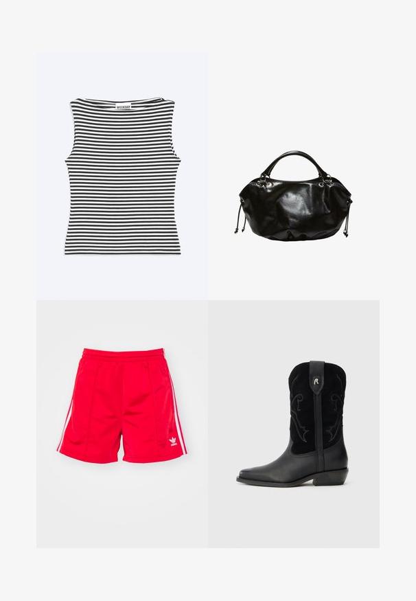Sort-hvidt, vandret stribet ærmeløst top med bådhalsudskæring og et "WEEKDAY" mærke i nakken.; Røde sports shorts med elastisk talje, der har hvide sideløbninger og et broderet logo nederst til venstre. Glat tekstur.; Sorte læder cowboy støvler med spids tå, sued detaljer, dekorativ syning og en lav stablet hæl. Har et logo på bagsiden.; Blød sort læderhåndtaske med rund form, dobbelte håndtag og snøre detaljer på hver side mod en hvid baggrund.