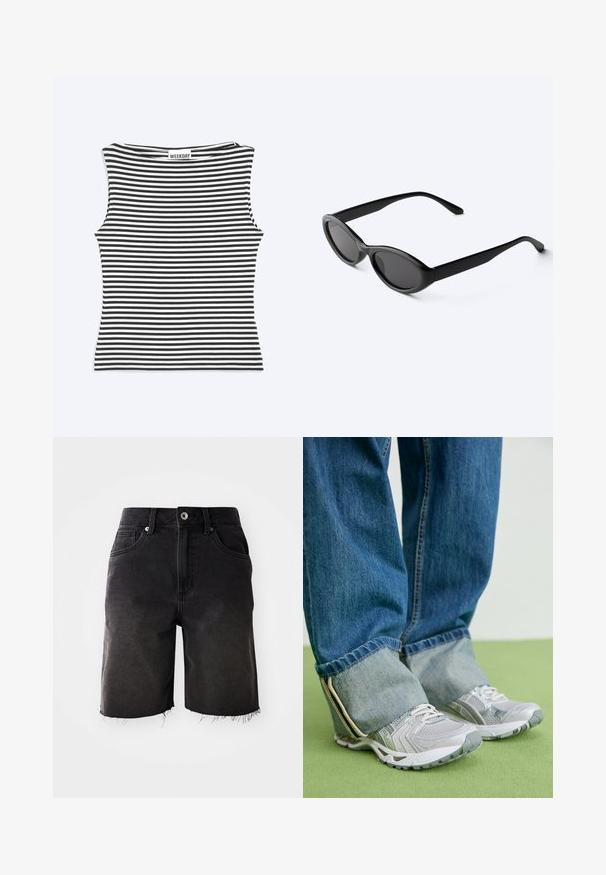 Zwart-wit horizontaal gestreept mouwloos topje met boothals en een "WEEKDAY" label op de achterkraag.; Zwarte denim shorts met een vervaagde wassing, rafelig zoom, klassieke vijf-pocket ontwerp en een enkele knoopsluiting. Dikke stiksels accentueren het geheel.; Grijze sportieve schoenen van mesh materiaal met witte accenten, in combinatie met blauwe denim jeans die aan de enkels zijn omgeslagen.; Strakke zwarte ovale zonnebril met donkere glazen en rechte pootjes, rustend op een wit oppervlak.