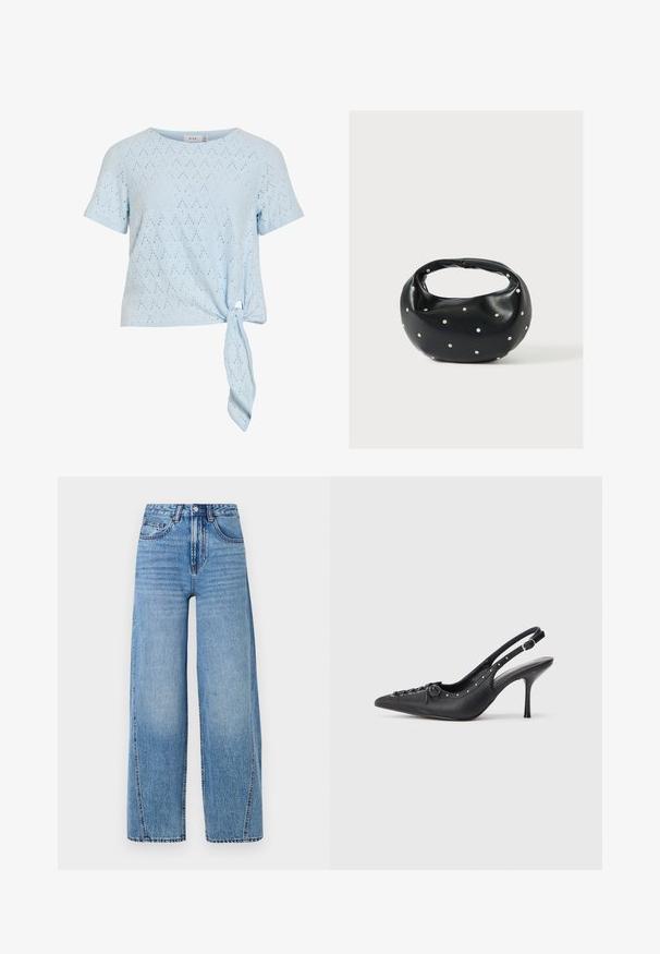 Hellblaue Bluse mit kurzen Ärmeln, Lochmuster und seitlichem Knoten am Saum, rundem Ausschnitt und entspannter Passform.; Hochtaillierte, hellblaue, weite Jeans mit Fronttaschen, Gürtelschlaufen, Knopfverschluss und sichtbaren Steppnähten.; Schwarzer Leder-Slingback-Stiletto mit spitzem Zehenaufsatz, seitlichem Schnallenriemen, Nieten entlang der Kante und dekorativer Schnürung vorne.; Schwarze Lederhandtasche mit abgerundeter Form, verziert mit silbernen Nietenakzenten und kurzem Griff. Glatte Struktur und Reißverschlussverschluss.