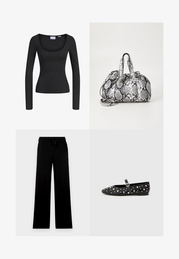 Chemise noire moulante à manches longues avec encolure dégagée, en tissu extensible, taille indiquée comme petite.; Pantalon noir à jambes larges avec taille élastique et cordon ajustable, présenté sur un fond clair uni.; Ballerines en cuir noir avec un bout pointu, ornées de clous en argent et d'une sangle à boucle sur le côté. Surface texturée avec une semelle plate.; Sac à main en motif peau de serpent noir et blanc avec deux poignées, une fermeture à cordon et une bandoulière amovible. Texture lisse.