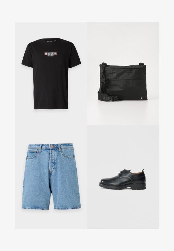 Schwarzes Baumwoll-T-Shirt mit einem vorderen Grafikdruck von vier bunten geometrischen Mustern und dem Text "BRAVE SOUL EST. 1972" in der Mitte.; Helle Jeansshorts mit klassischer Passform, fünf Taschen und kontrastierenden Nähten. Mit Knopfverschluss und ausgefranstem Saum.; Schwarze Leder Derby-Schuhe mit glatter Textur, runder Zehenform, Schnürdesign und einer dicken, robusten Gummisohle.; Schwarze Nylon-Umhängetasche mit verstellbarem Riemen, flachem Design und seitlichem Etikett mit Logo. Glatte Textur und minimalistischer Stil.