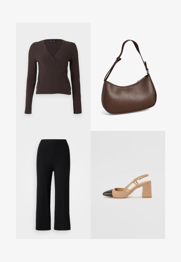 Top cruzado marrón de manga larga con textura acanalada y diseño de escote en V, que presenta una silueta ajustada y una textura suave. Etiqueta de la marca visible en el interior del cuello.; Pantalones anchos de canalé negros con cintura elástica, que presentan una tela Texturizada y un corte recto, adecuados para un look casual.; Zapato slingback beige con puntera negra, tacón cuadrado alto y dos correas decorativas, fabricado en material suave.; Pequeño bolso bandolera de cuero marrón con correa ajustable y cierre de cremallera, mostrado sobre un fondo blanco. Sin logotipos ni adornos visibles.