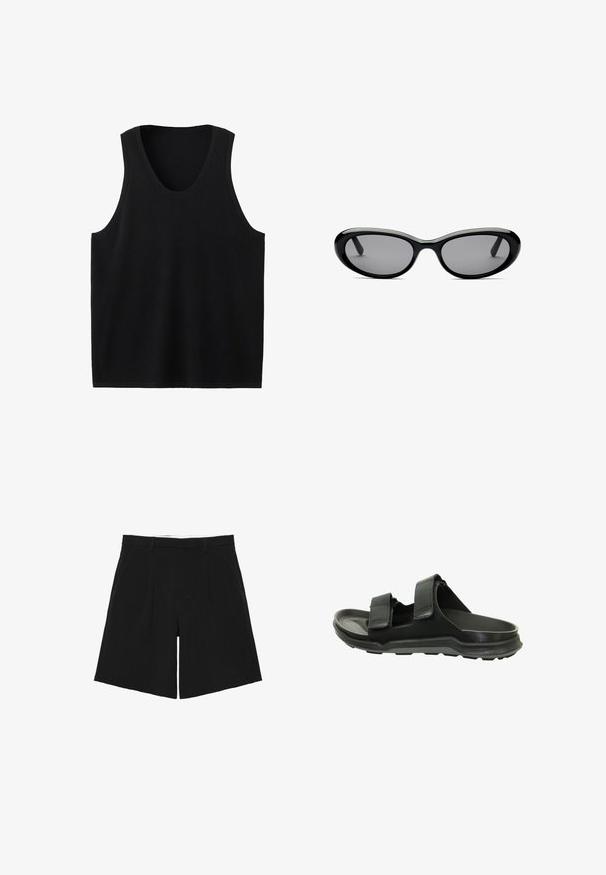 Zwarte mouwloze gebreide tanktop met ronde halslijn en rechte zoom, plat weergegeven op een witte achtergrond.; Zwarte op maat gemaakte shorts met riemlussen, voorplooien en zijzakken, plat neergelegd op een witte achtergrond.; Zwarte sandalen hebben twee verstelbare banden, een textuur bovenmateriaal en een gevoerde zool met een stevige bodem voor grip.; Zwarte ovalen zonnebril met donker getinte glazen en dikke glanzende monturen, van voren getoond tegen een witte achtergrond.