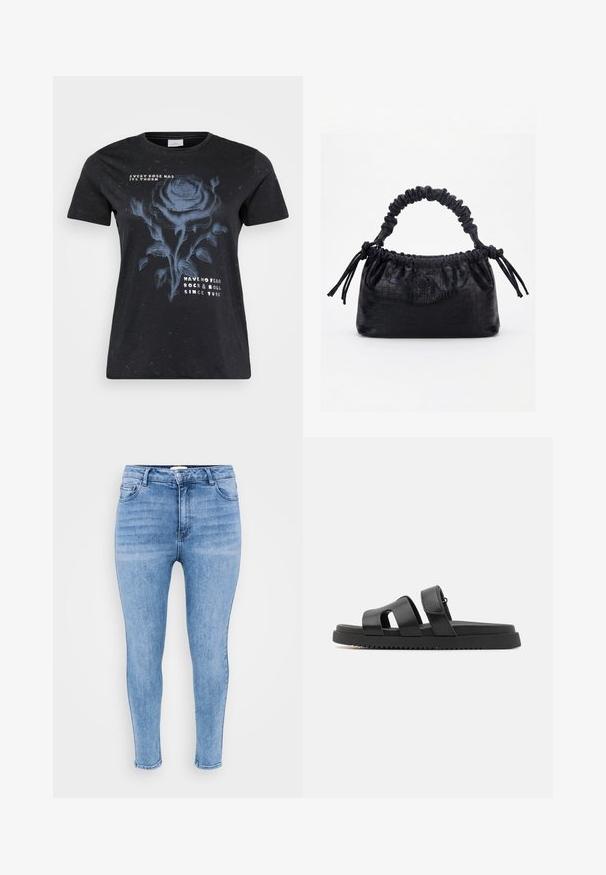 ONLY Carmakoma CARMIKO WASHED SS REG TEE JRS - T-shirts print - black; Lysblå skinny jeans lavet af denim, med høj talje, fem-lomme design og let falmning langs lårene.; Sorte lædersandaler med to brede stropper, åben tå-design og en tykk sort gummisål med et tekstureret, rillen mønster.; Sort taske med krokodilletekstur, rynket øverste kant, samlet hank og snore med kvaster på hver side mod en hvid baggrund.