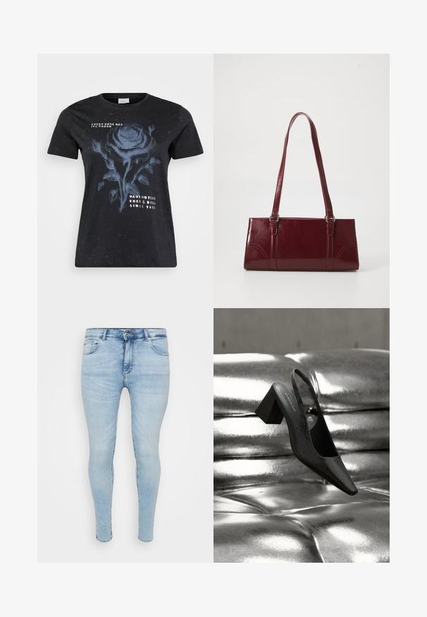 ONLY Carmakoma CARMIKO WASHED SS REG TEE JRS - Trükipildiga T-särk - black; Heledad sinised kitsad teksad klassikalise viie tasku disainiga, nööbi ja luku sulgemisega ning kangal kulunud tekstuuriga.; Mustad sling-tagant rihmikoonik terava varbaosaga, millel on tekstuurse pinnaga ja jäme plokkkonts. Asetatud läikiva, metallilise tausta kohale.; Burgundia värvi käekott, mis on valmistatud läikivast materjalist, ristküliku kujuline, kahe õlapaelaga ning ees on peened kaarjad aktsendid.
