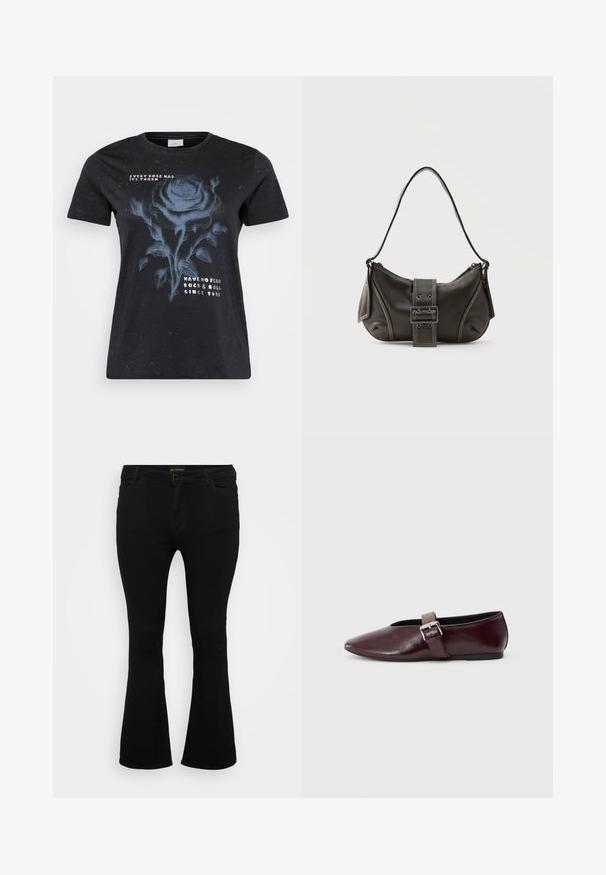 ONLY Carmakoma CARMIKO WASHED SS REG TEE JRS - T-Shirt print - black; Schwarze Schlagjeans aus Denim mit Knopfverschluss, fünf Taschen und einer glatten Textur. Klassisches Design mit ausgestellt geschnittenem Saum.; Burgunderfarbene Leder-Ballettschuhe mit spitzem Schuhkopf, flacher Sohle und einem dekorativen Schnallenriemen quer über dem Spann. Glatte, glänzende Textur.; Schwarze Leder-Schultertasche mit Schnallengurt-Detail, abgerundeten Kanten und kontrastierenden weißen Nähten auf schlichtem Hintergrund.