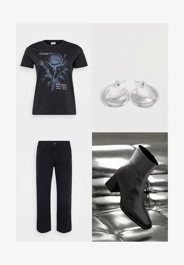 ONLY Carmakoma CARMIKO WASHED SS REG TEE JRS - T-Shirt print - black; Schwarze Denim-Jeans mit einem geraden Bein-Design. Merkmale sind ein Knopfverschluss an der Taille, Gürtelschlaufen und Vorder-/Gesäßtaschen. Glatte Textur.; Schwarzer Knöchelstiefel aus glänzendem Material mit quadratischer Zehenform und verjüngtem Absatz, vor einem glänzenden silbernen gepolsterten Hintergrund.; Ein Paar polierte silberne, halbmondförmige Creolen mit klaren Kunststoffrückseiten auf einer weißen Oberfläche.