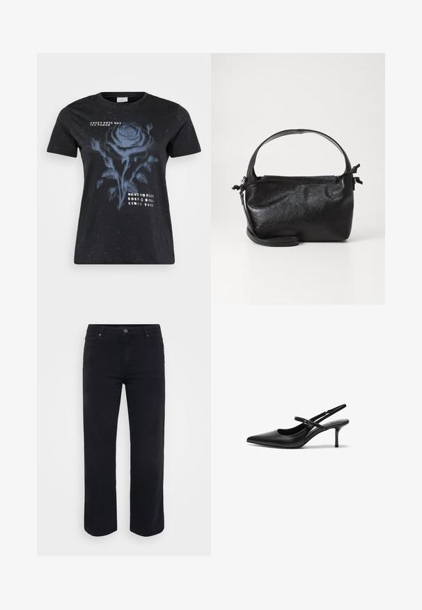 ONLY Carmakoma CARMIKO WASHED SS REG TEE JRS - T-shirts print - black; Sorte denimjeans med lige ben-design. Funktioner inkluderer en knaplukning i taljen, bæltestropper og front-/baglommer. Glat tekstur.; Sorte læder slingback hæle med spids tå, slank justerbar rem og en stiletto hæl på cirka 5 cm, glat tekstur.; Sort læderhåndtaske med et struktureret design, rund tophåndtag og aftagelig skulderrem. Den har en glat tekstur og en subtil glans.