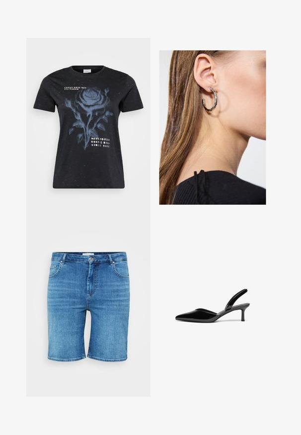 ONLY Carmakoma CARMIKO WASHED SS REG TEE JRS - T-shirts print - black; Denim shorts i mellemblå farve, med lige snit, fem-lomme design og knaplukning. Blød tekstur, rene kantede kanter.; Sorte patentlæder slingback hæle med spids tå, lav stiletto hæl og et elegant, enkelt design uden pynt.; Sølv hoop ørestik med en poleret overflade, prydet med små guld accenter og en rund form, båret på øreflippen.