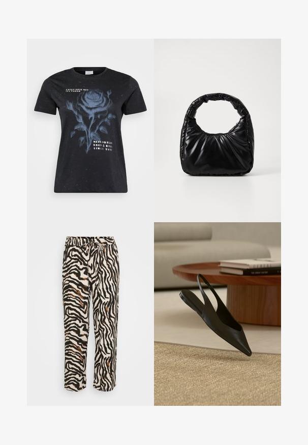 ONLY Carmakoma CARMIKO WASHED SS REG TEE JRS - T-shirts print - black; Bindebåndsbukser i lette stoffer med et sort-hvidt zebra mønster og brune accenter. Løs pasform og cropped længde.; Sort fladt slingback sko med spids tå nær et rundt træbord med stablede bøger på en beige tæppe i en moderne stue.; Sort polstret håndtaske med et rundt håndtag, der har en glat, skinnende overflade og en blød, kviltet tekstur. Ingen synlige hardware eller accenter.