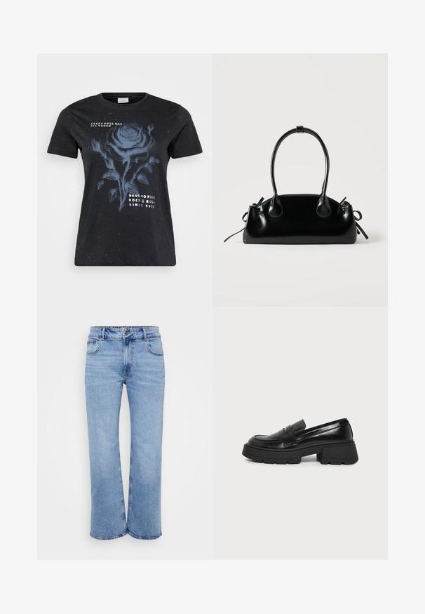 ONLY Carmakoma CARMIKO WASHED SS REG TEE JRS - Trükipildiga T-särk - black; Heledad helesin tekstil, mis on valmistatud denimist, viie taskuga, esiauksega ja nööbiga kinnituseks. Õmblustes on peened õmblusdetailid.; Mustast nahast loafer, pakse platvorm tallaga ja madala kandega, külgvaade heledal ühevärvilisel taustal.; Väike must läikiv käekott kahe pika sangaga ja külgedel paelakinnitustega, ühel lihtsal helel taustal.