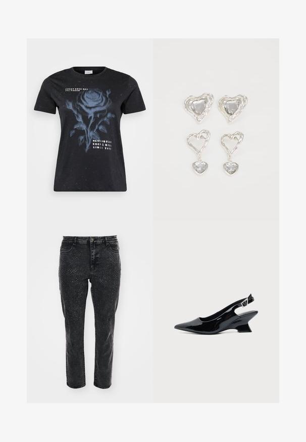 ONLY Carmakoma CARMIKO WASHED SS REG TEE JRS - Trükipildiga T-särk - black; Musthave mustad teksad, kus on otse jalgade disain ja esiküljel rhinestone kaunistused. Klassikaline viie taskuga stiil.; Mustast lakknahast slingback king, millel on terav nina ja madal kalle plokktald, ühtlase heleda taustaga.; Hõbedased südamekujulised kõrvarõngad on kaunistatud lõhikute ja selgete kividega ning neil on tekstureeritud raam. Komplekti kuuluvad kõrvarõngad nupud ja rippuvad mudelid.