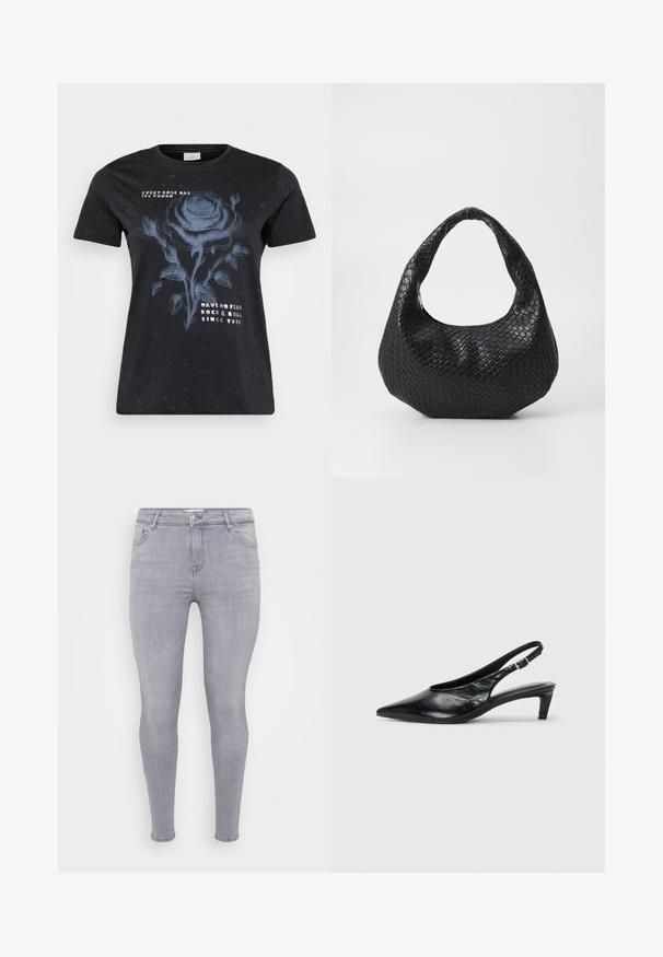 ONLY Carmakoma CARMIKO WASHED SS REG TEE JRS - T-shirts print - black; Grå skinny jeans lavet af denim, med klassisk fem-lomme design, lynlås i front og en glat overflade med let stræk.; Sort læder slingback hæl med spidse tæer, lav kitten hæl og justerbar spænde-bånd. Glat tekstur med minimal dekor.; Sort flettet håndtaske med et buet håndtag, der har en struktureret overflade og en afslappet form. Glat finish med en organisk silhuet.