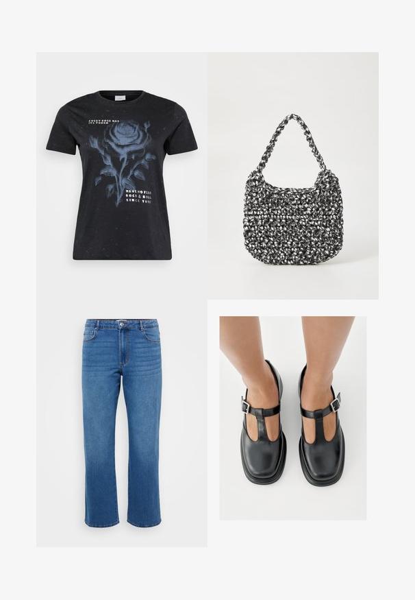 ONLY Carmakoma CARMIKO WASHED SS REG TEE JRS - T-Shirt print - black; Blaue Jeans aus Denim mit geradem Beinansatz, ausgestattet mit einem Knopfverschluss, klassischem Fünf-Taschen-Design und subtiler, ausgewaschener Textur an den Oberschenkeln.; Schwarze Lederschuhe mit T-Riemen-Design, geschlossenem Zehenbereich und silbernen Schnallenakzenten. Glatte Textur mit rundem Zehenbereich und flacher Sohle.; Gewebte Handtasche in Schwarz und Weiß mit runder Form, strukturiertem Oberflächenfinish und geflochtener Grifffläche. Geeignet für den lässigen Gebrauch.