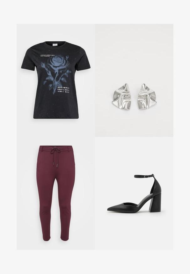 ONLY Carmakoma CARMIKO WASHED SS REG TEE JRS - T-shirt imprimé - black; Pantalons extensibles bordeaux avec une taille à cordon de serrage, présentant une coupe ajustée et des jambes fuselées, affichés sur un fond blanc.; Chaussure à talon haut noire en cuir lisse, présentant un bout pointu, des côtés découpés et une sangle de cheville ajustable avec un talon bloc.; Boucles d'oreilles en métal argenté avec un design ondulé et sculptural, présentant une finition polie et des formes irrégulières, mettant en valeur une esthétique contemporaine.